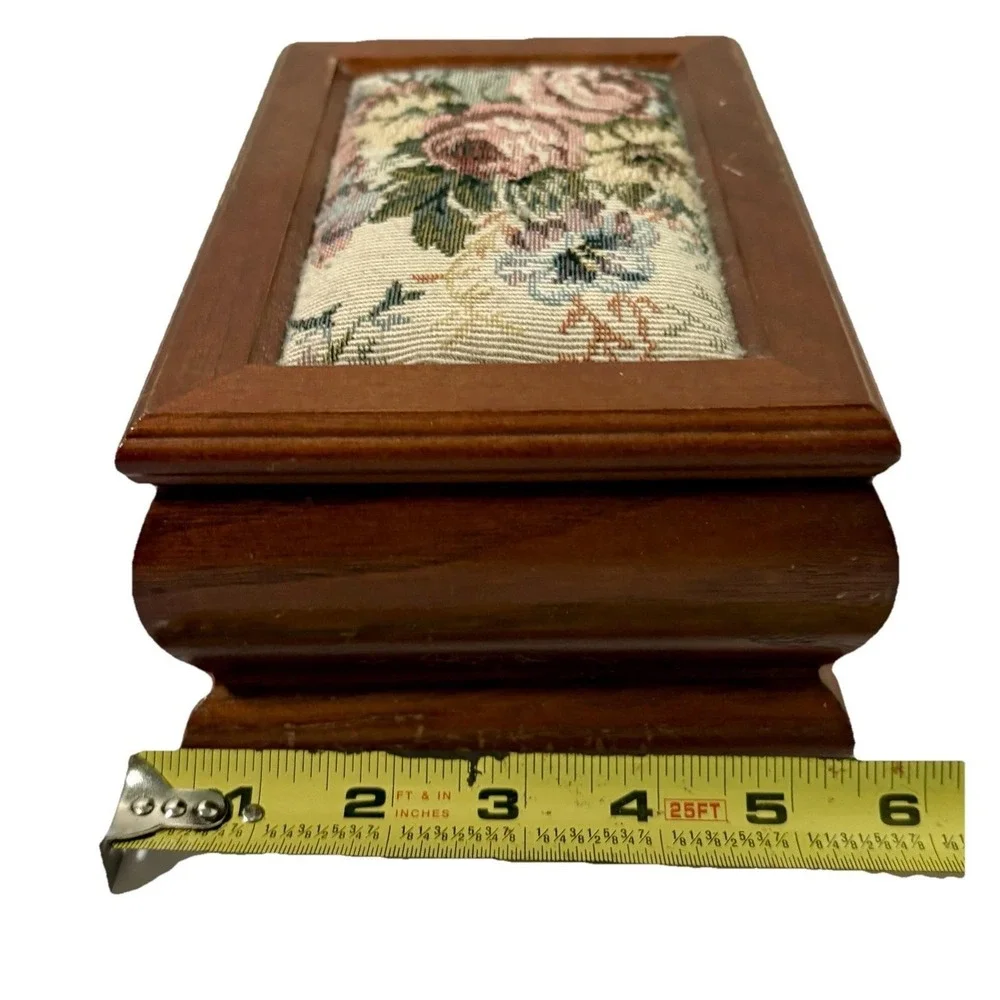 Vtg Wooden Keepsake Jewelry Box Floral Needlepoint Lid Mirrored Gray Interior